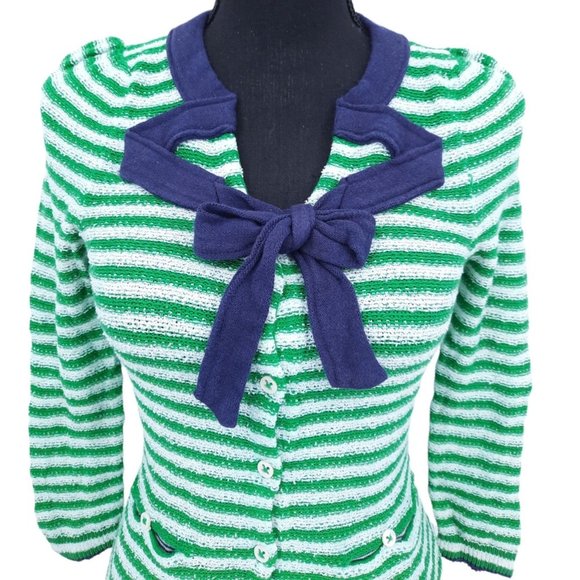 Anthropologie HWR Green White Striped Puff Sleeve Navy Blue Tie Neck Cardigan XS - Picture 2 of 11